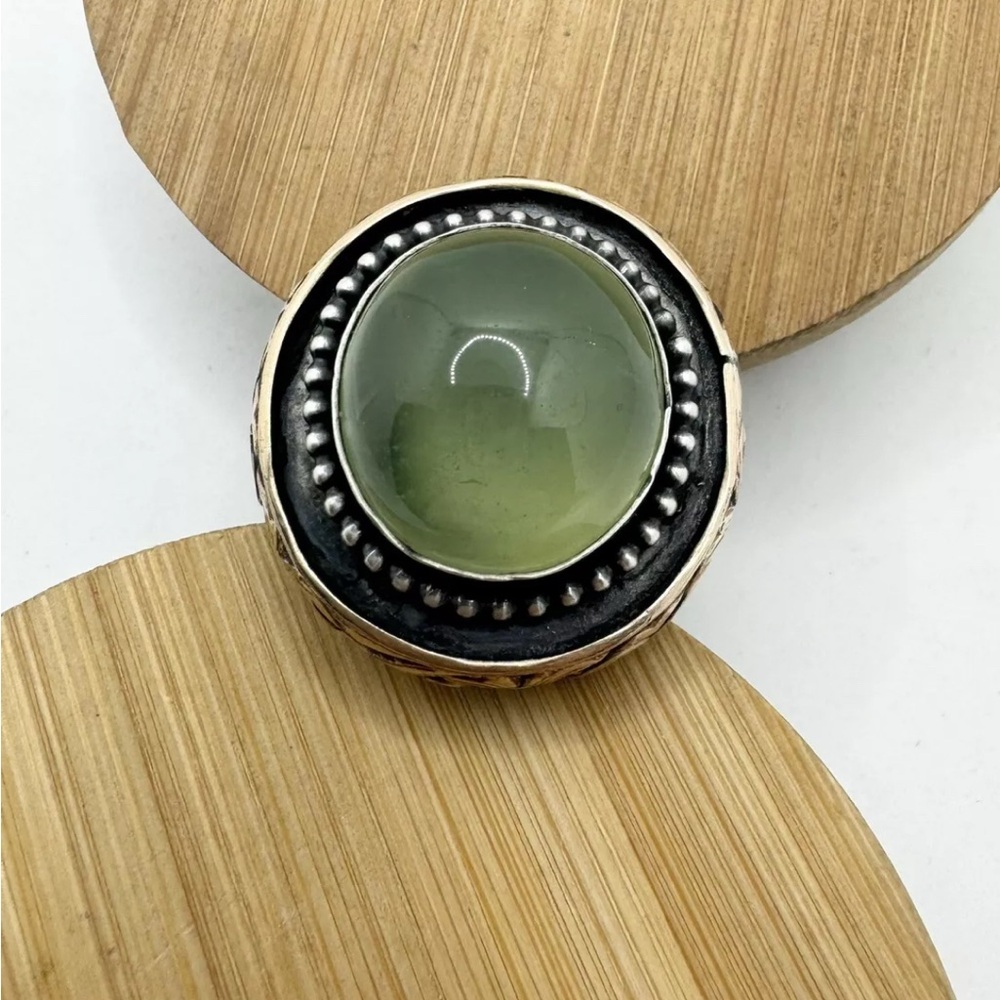 Sterling Silver Brass Prehnite Adjustable Ring